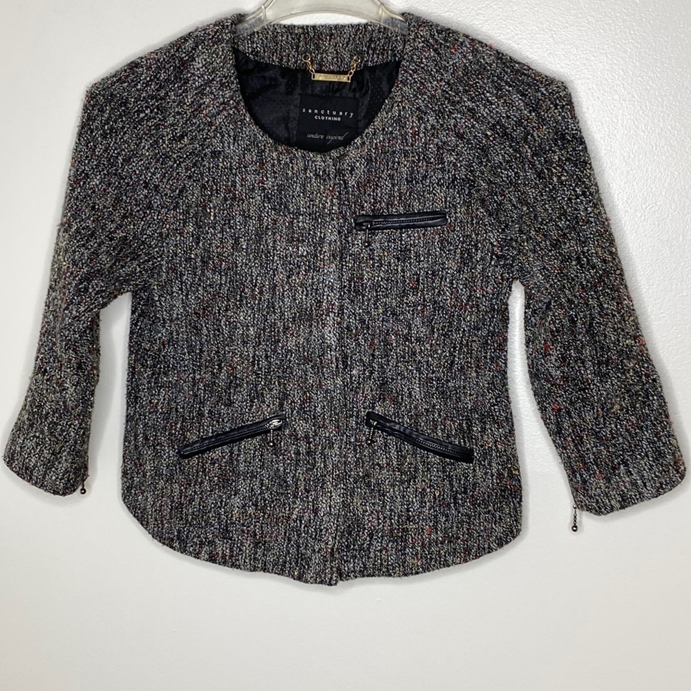 Sanctuary Black & Multicolor Short 3/4 Sleeve Tweed Jacket Size Small